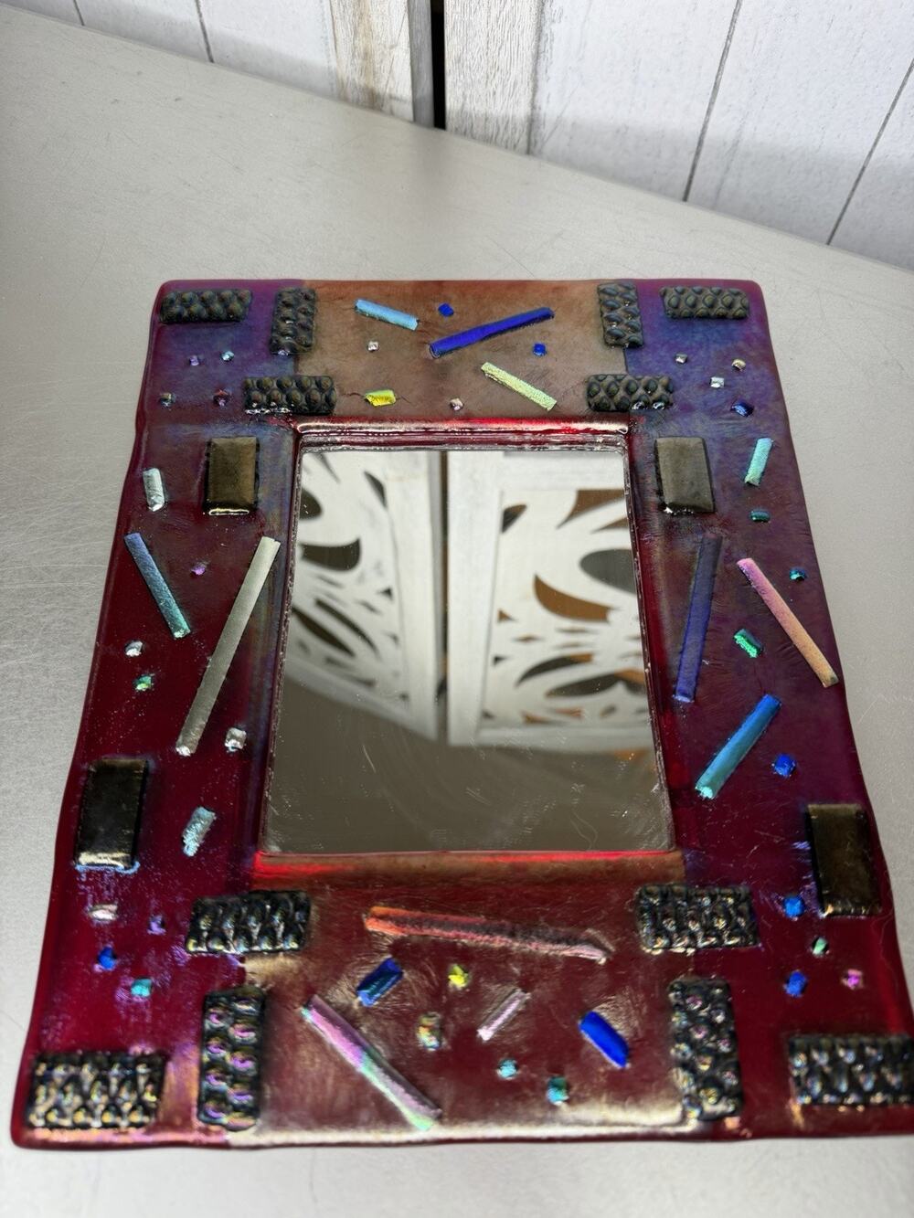 VTG Handmade Fused Mosaic Mirror Art Multi-Color Bright Red Metallic